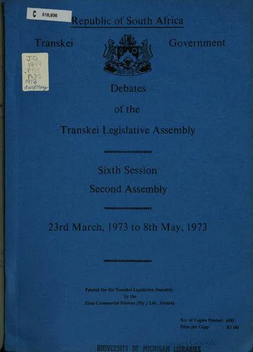 خرید و دانلود نسخه کامل کتاب Debates of the Transkei Legislative Assembly. Sixth Session. Second Assembly. 23rd March, 1973 to 8th May, 1973_690932c168a90.jpeg خرید و دانلود نسخه کامل کتاب Debates of the Transkei Legislative Assembly. Sixth Session. Second Assembly. 23rd March, 1973 to 8th May, 1973